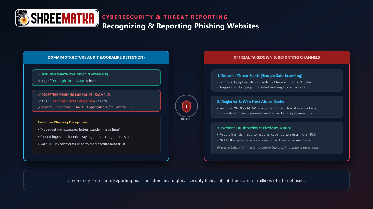 Illustration of a suspicious lookalike website address being examined before a phishing report is prepared.